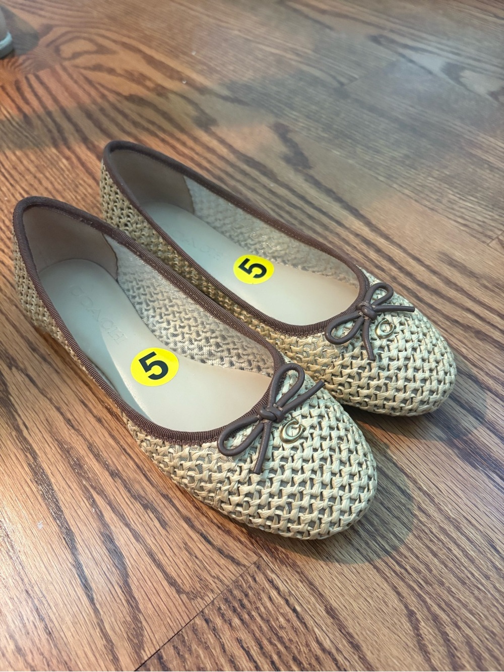 Coach Natural Woven Ballet Flats with Brown Trim and Bow